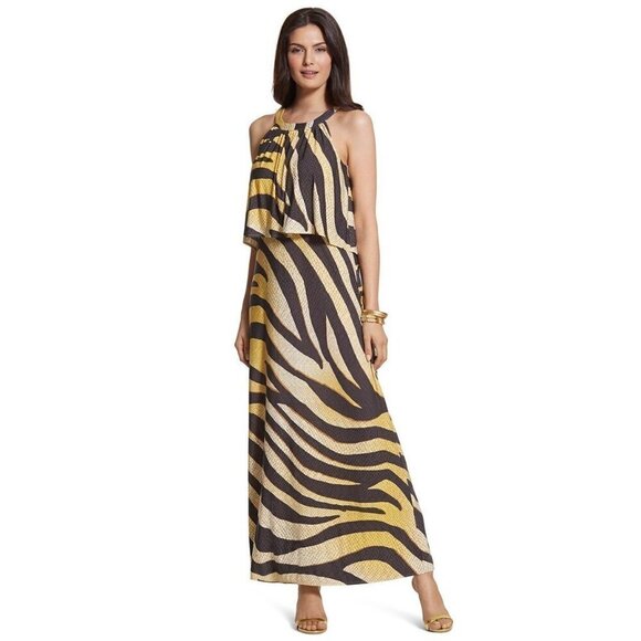 Chico's Black And Gold Zebra Print Jersey Sleeveless Halter Neck Maxi Dress S - Picture 5 of 14